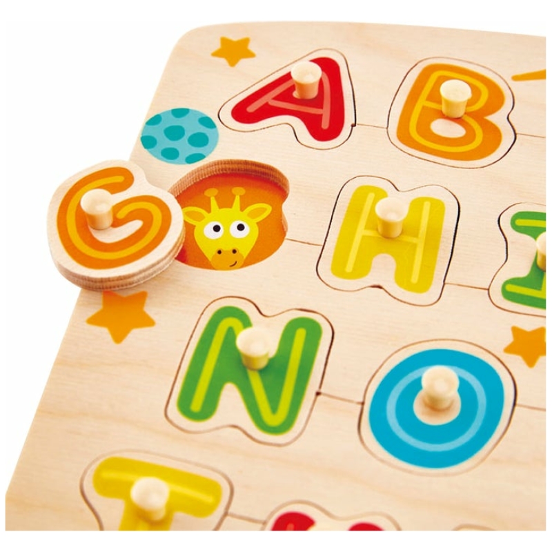 Juguete puzzle de alfabeto con pinzas de madera hape