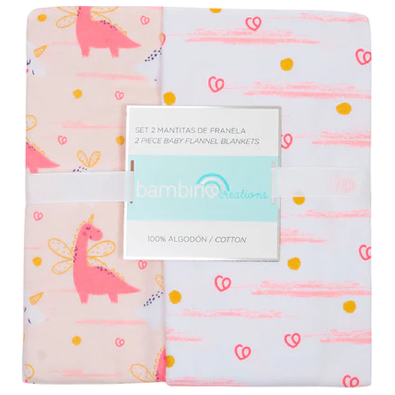 Set 2 mantitas franela rosado dinosaurio bambino