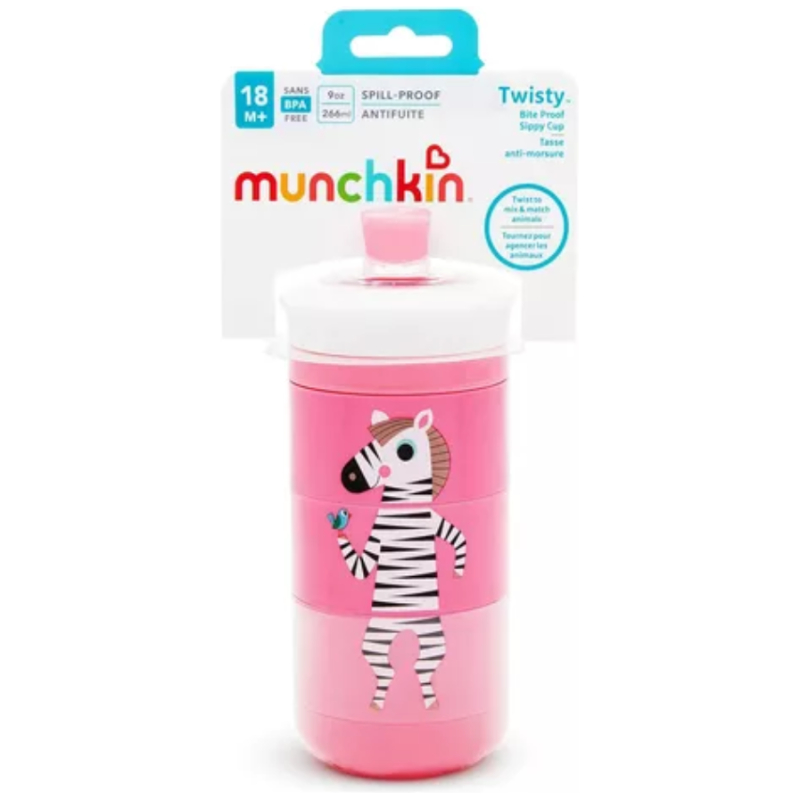 Vaso con boquilla antiderrame twisty animales munchkin rosa
