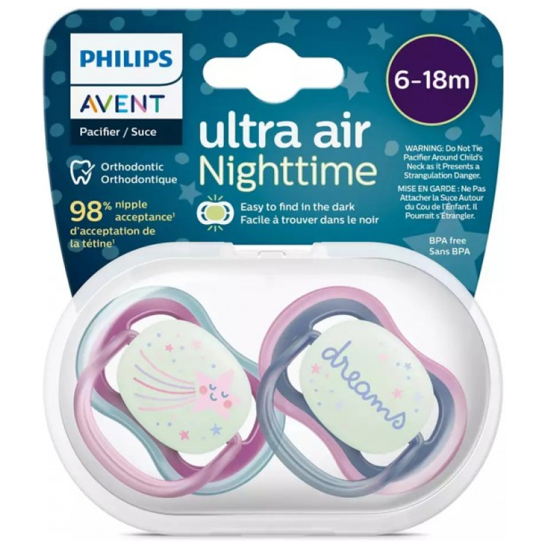 Chupetes Ultra Air Night 6-18 meses Violeta Avent