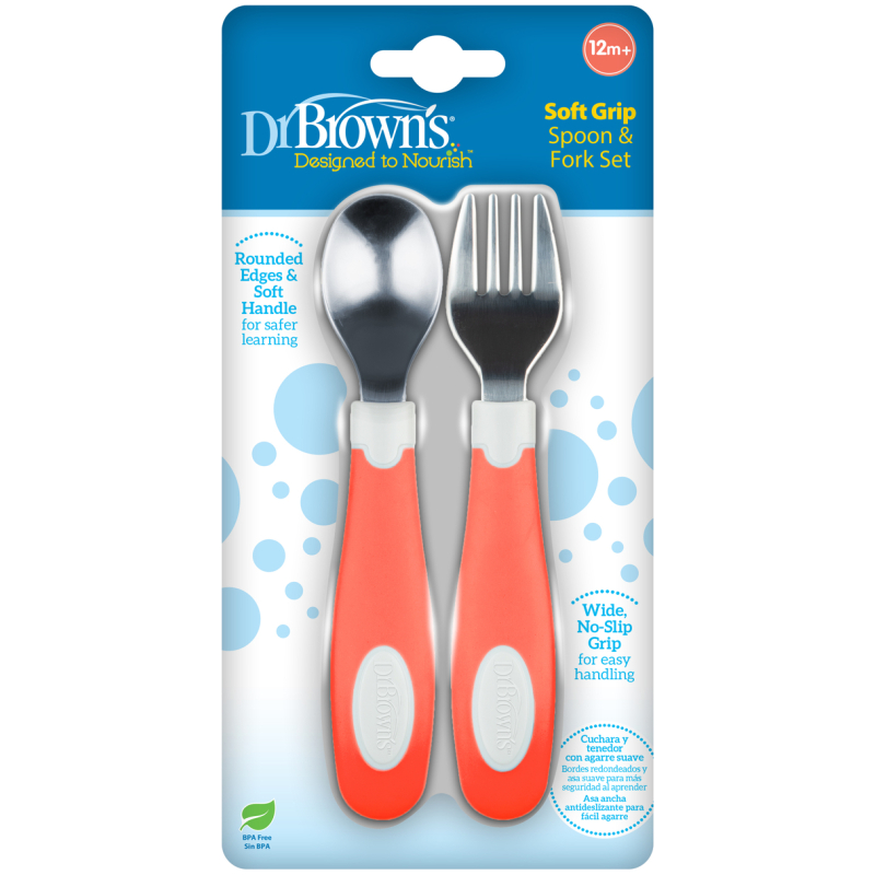Set Tenedor Y Cuchara Agarre Suave Dr Browns Coral