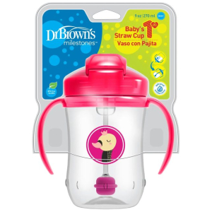 Vaso Con Bombilla y Asas 270 ml Dr Browns Rosa