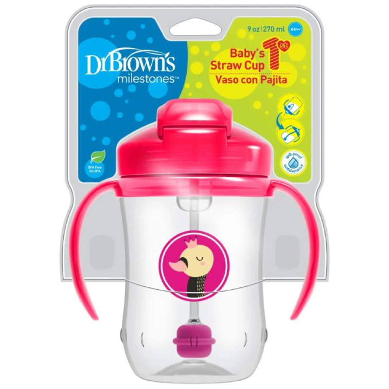 Vaso Con Bombilla y Asas 270 ml Dr Browns Rosa